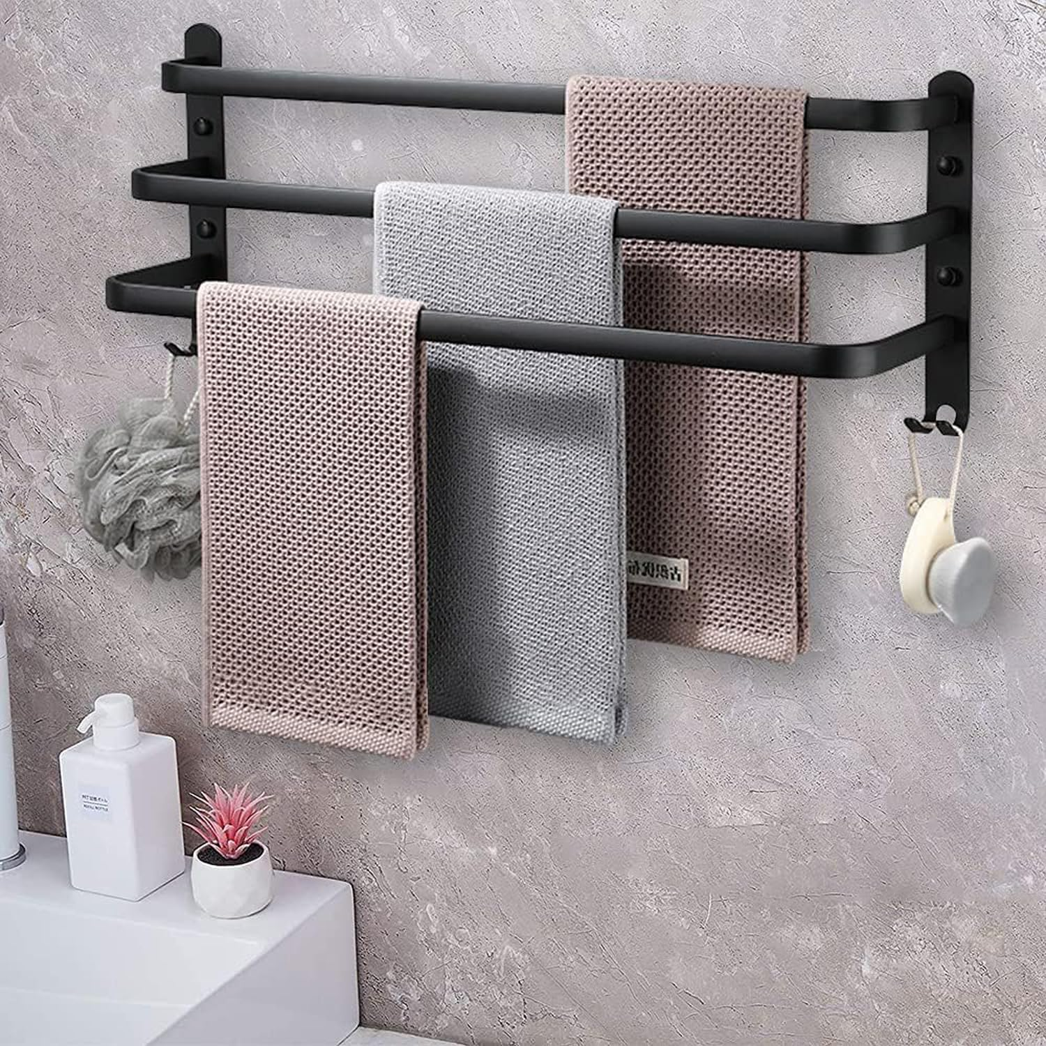 Towel Rack 60CM, Towel Rail Wall Mounted 3-Tier,Towel Rods with 2 Hooks, Bathroom Towel Holder Black Towel Bar, Modern Home Decor Bathroom Towel Rack, Frosted Black image number 1