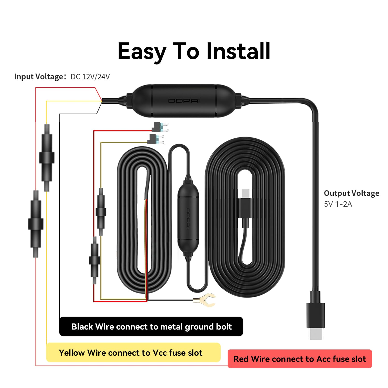 DDPAI Type-C Hardwire Kit, Compatible with N1 Dual, N3 Pro, N5 Dual, Mini 5 and E3 Models, Can Step down the Voltage from the Car Battery'S 12V to 5V 2A, Enabling 24 Hours Parking Monitor image number 4