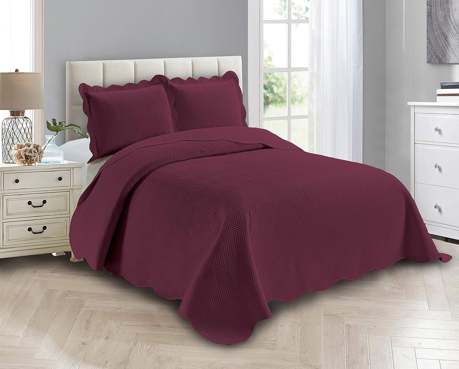 Linen plus Luxury Oversized Coverlet Embossed Bedspread Set Solid Red Full/Queen Bed Cover New # Ashley