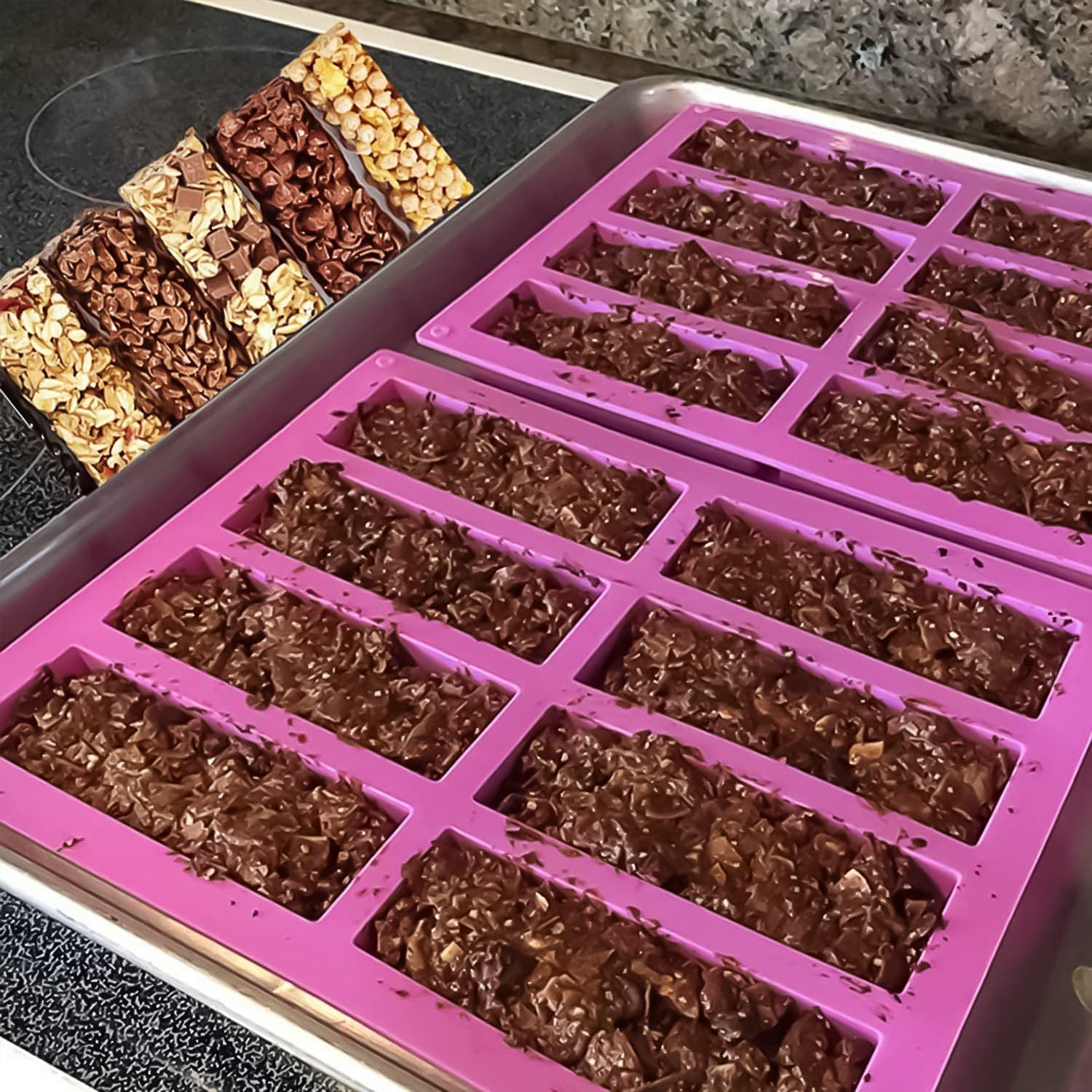 Xinghonyac 2 Pcs Large Rectangle Silicone Mould, 8-Cavity DIY Granola Bars Mold, Chocolate Mould, Cereal Bar Molds for Chocolate Truffle Bread Brownie Cornbread Cheesecake Butter Soap (Purple) image number 1