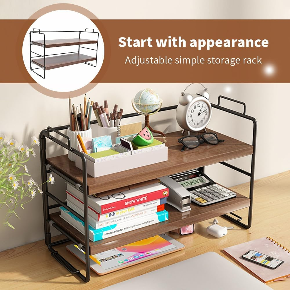 TOMVAES Desktop Shelf Office Desk Shelf Organizer, Wood Desktop Bookshelf Supplies Storage Rack Shelf for Top of Desk and Dresser 2 Tier Independent Stackable Desk Organizer for Office, Dorm, Home image number 4