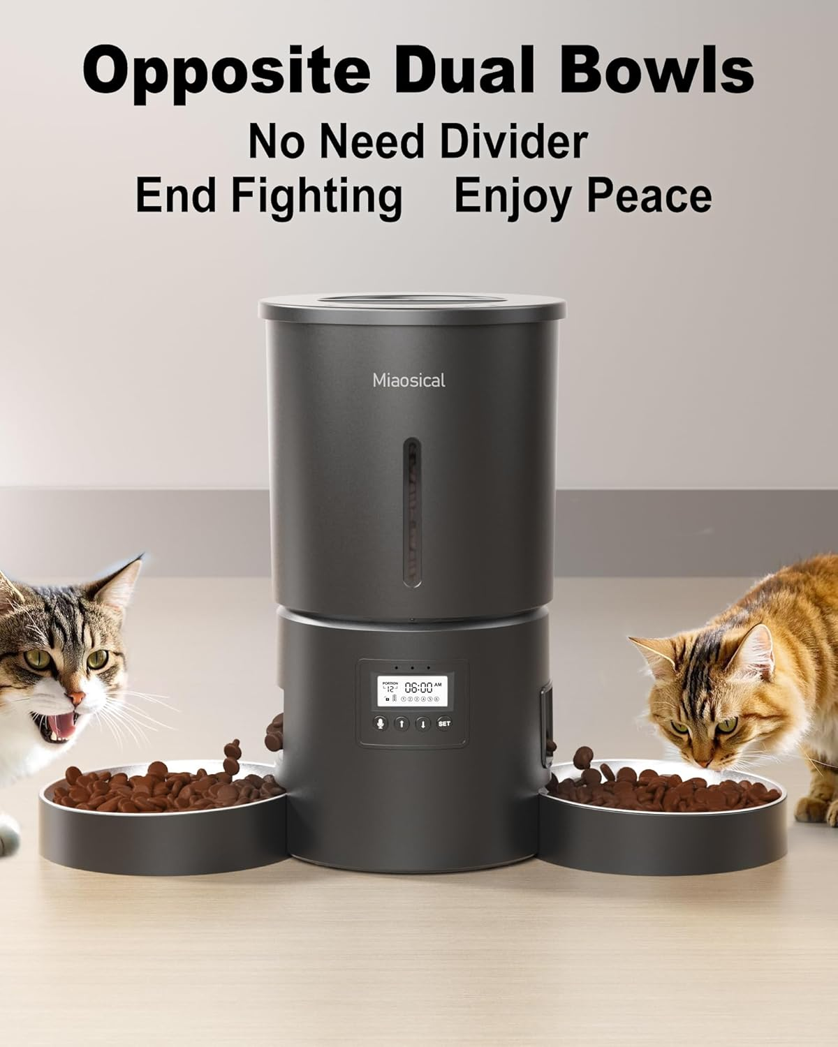 Miaosical Automatic Cat Feeder for 2 Cats,4.2L Flexible Schedule,6 Meals/Day,1-12 Portions/Meal,Dual Power Auto Dual Pets Feeder Dry Food Dispenser,10S Voice Record (Black,4.2L+Basic 2 Bowls) image number 3