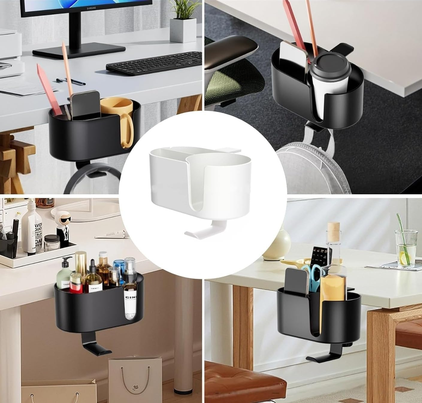 XINYUICEAN 4 in 1 Desk Cup Holder Headphone Hanger,Clamp on under Desk Headphone Hanger, Multifunctional Phone Storage Box Desktop Organizer for Nightstand Workstation (White) image number 6