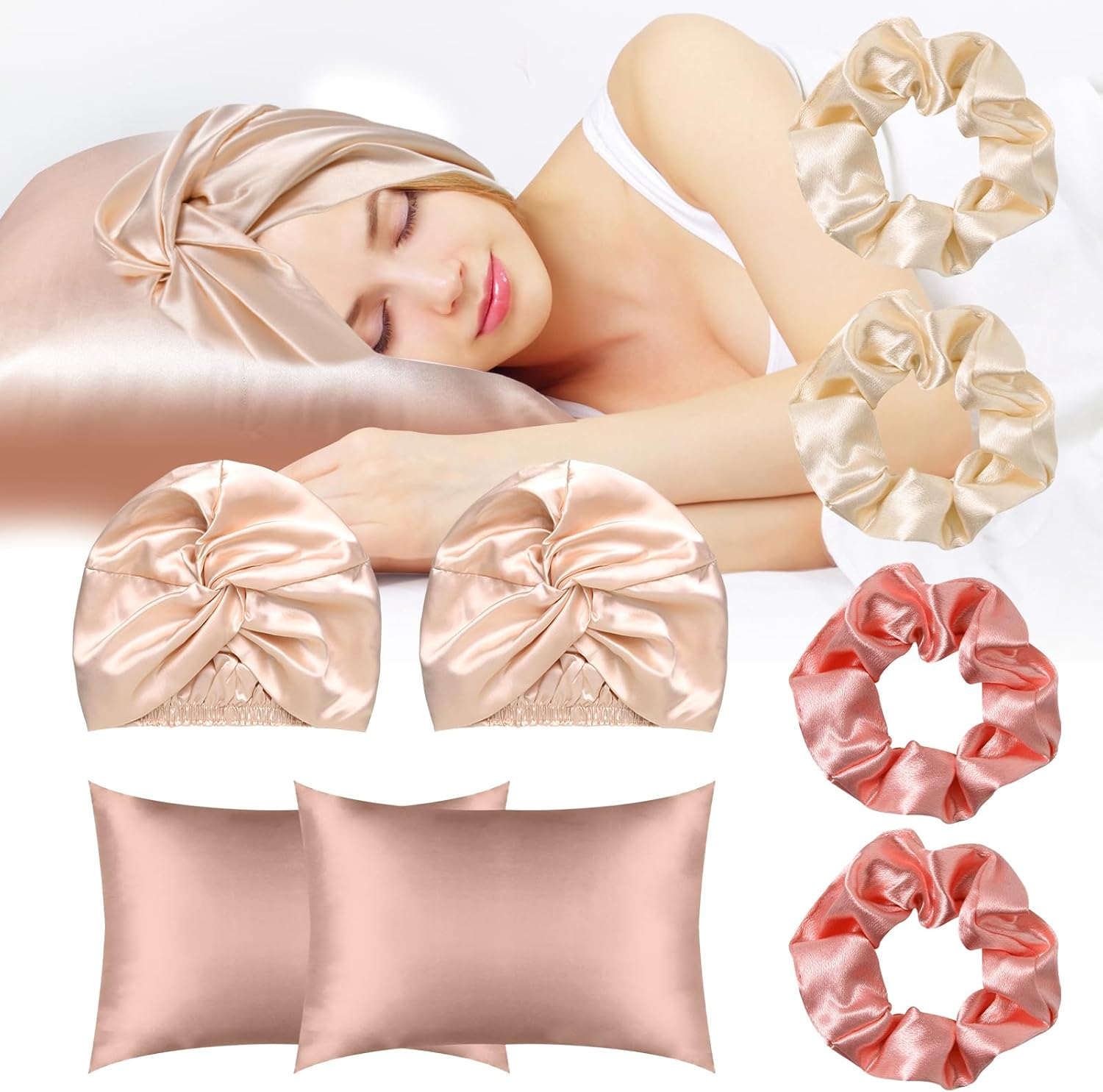 8Pack Satin Bonnet Silk Cap Pillowcase Scrunchies Set, Natural Night Bonnet Hair Wrap with Elastic Stay on Head, Silk Pillow Cases Elastic Ponytail Holders for Women Girls