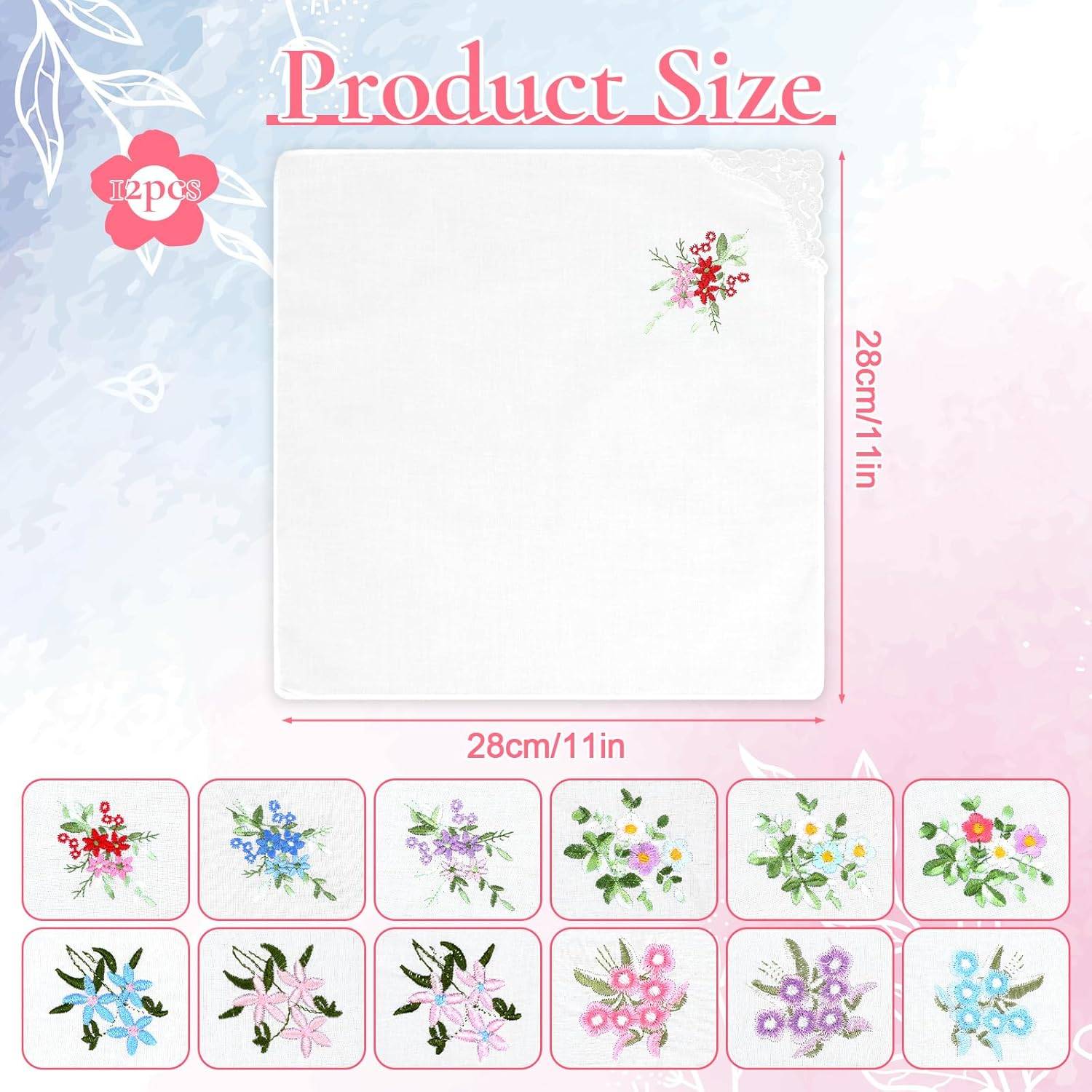 LXUEJIE 12Pcs Cotton Handkerchiefs for Women, Flower Embroidered with Lace Handkerchief White Ladies Hankies image number 1
