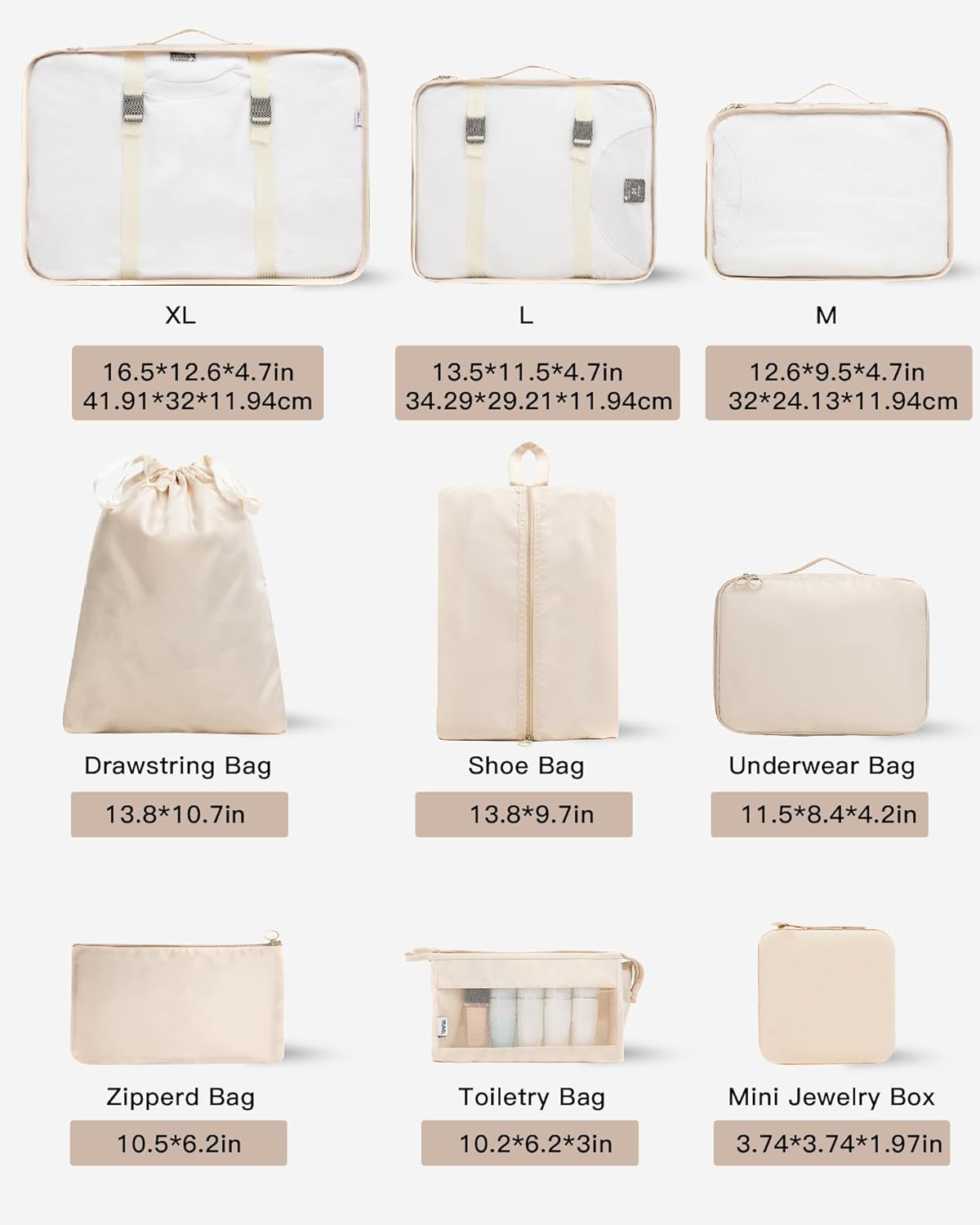 TRAILKICKER 9 Set Packing Cubes for Carry on Suitcase Travel Organizer Bags for Luggage Suitcase Organizer Bags Packing Cube Set for Packing Women Men (Beige) - Black image number 3