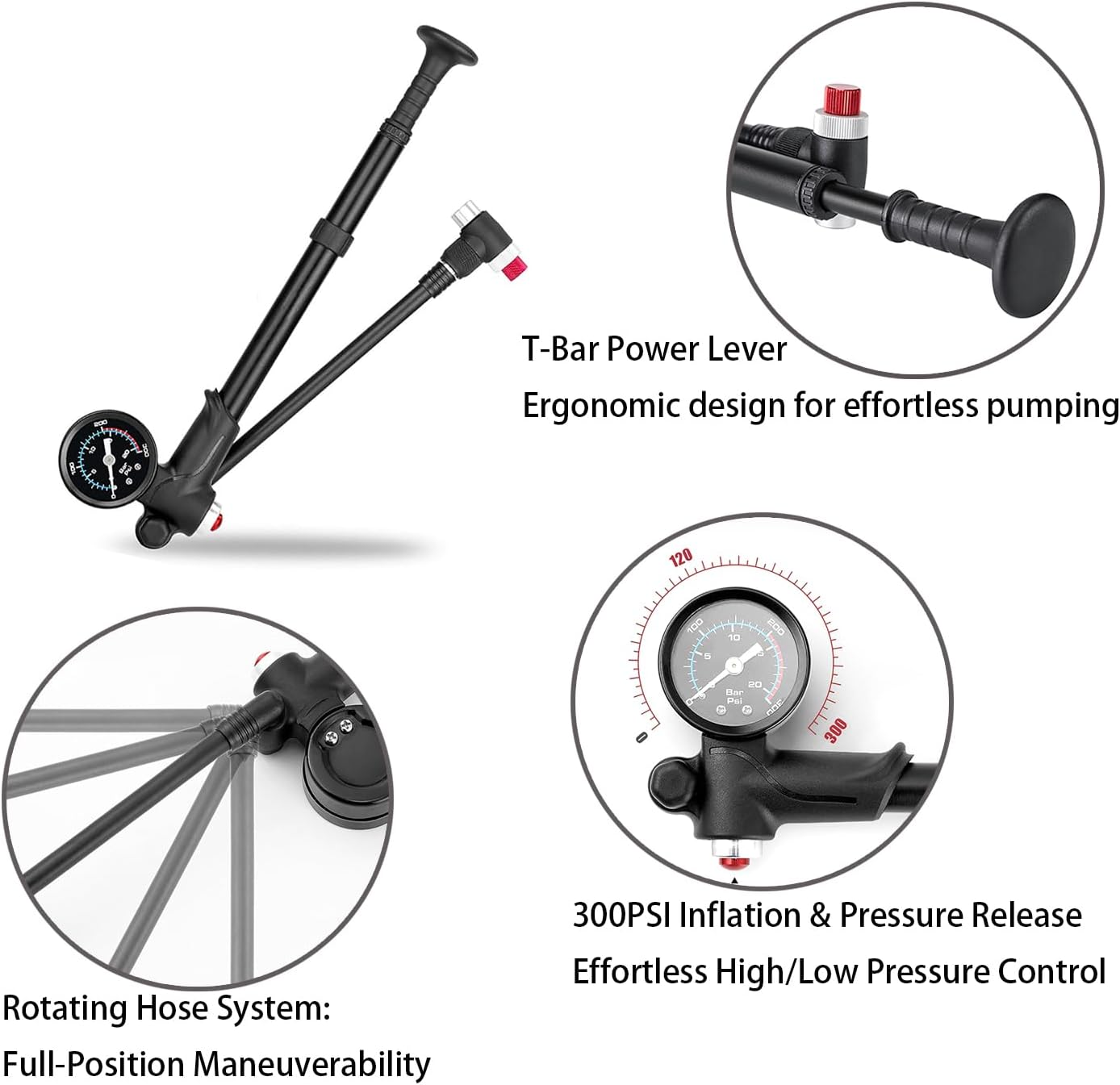 MUYIBENMU Portable Bike Pump, 300 PSI, 2-In-1 Bicycle & Suspension Pressurization System with Integrated Gauge, Presta and Schrader Compatible image number 4