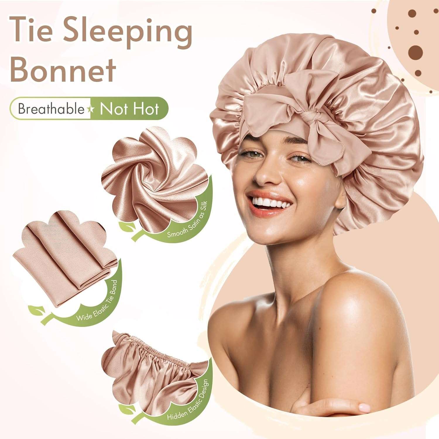 BONNET QUEEN Silk Bonnet for Sleeping Women Satin Bonnet Night Sleep Cap Wrap for Curly Hair with Adjustable Tie Band, Single Layer, Champagne - Champagne image number 6