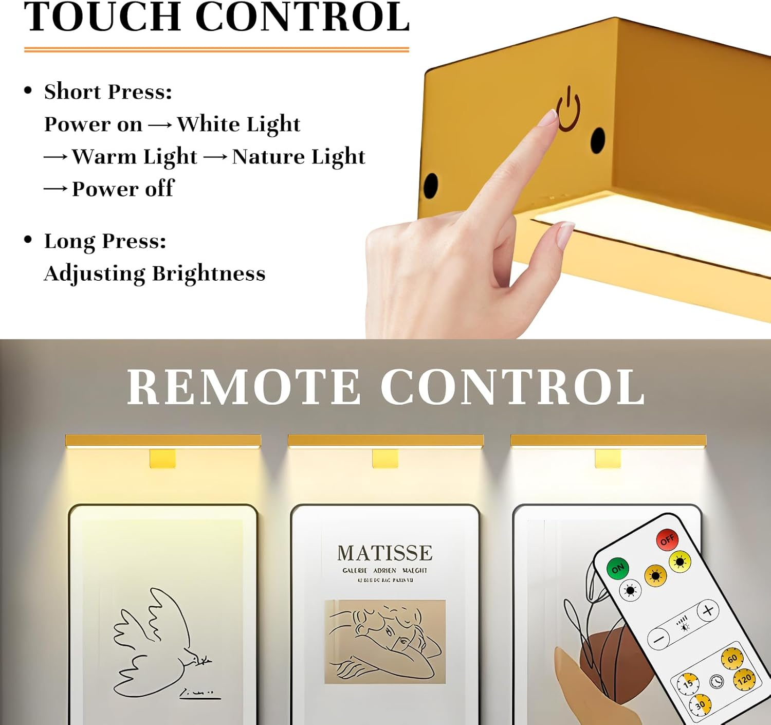 Picture Light Battery Operated, 16In Wireless Art Light Rechargeable, Cordless Display for Paintings with Remote, Timer, Dimmable Wall Sconce for Portraits, Frames, Gallery (Gold) image number 4