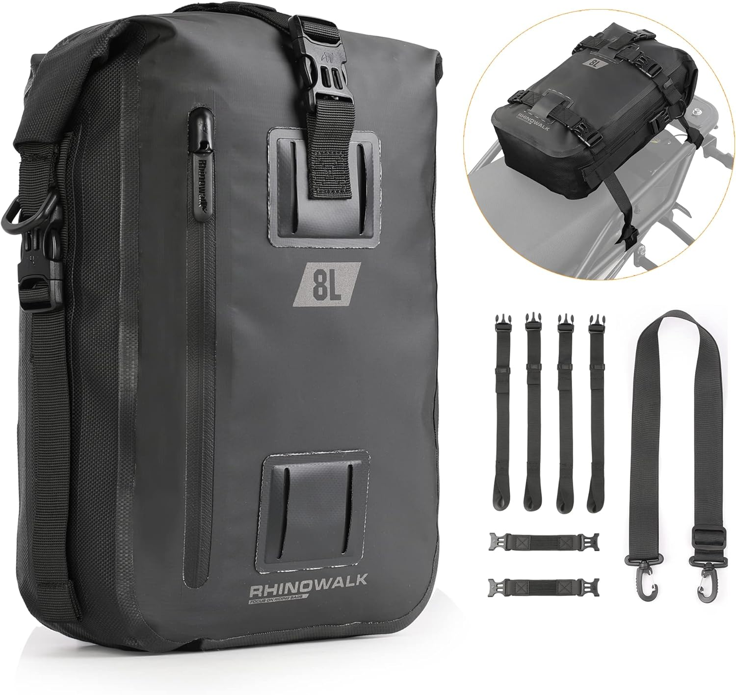 Rhinowalk Motorcycle Tail Bag - Multifunctional Waterproof Rear Rack Trunk Seat Bag, Luggage Backpack, Black 8L