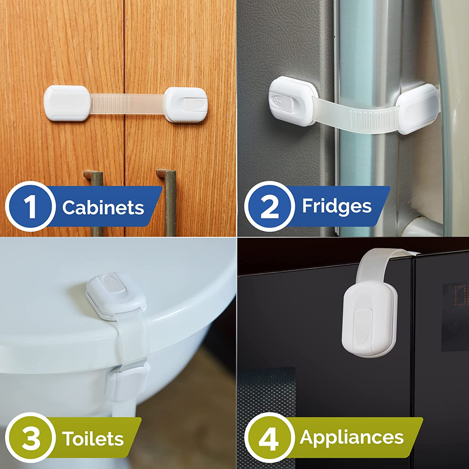 Child Safety Locks -VALUE PACK (10 Straps)- No Tools or Drilling -Adjustable Size/Flexible -Adhesive Furniture Latches for Cabinets, Drawers, Appliances, Toilet Seat, Fridge, Oven & More (White/White) image number 1