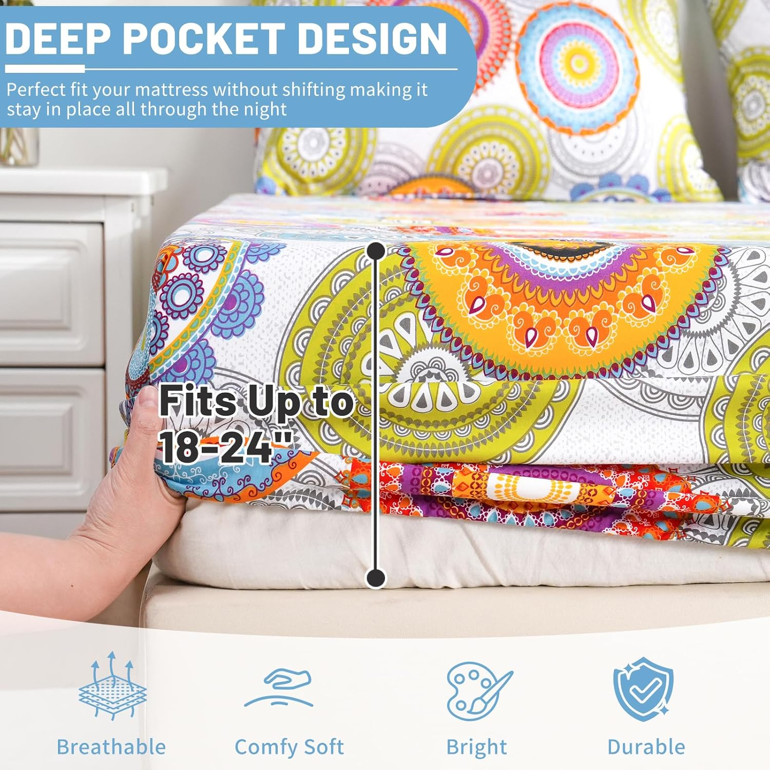 Bedlifes King Size Extra Deep Pocket Sheet Sets - Fits Mattresses up to 18-24" Thick, 4-Piece Microfiber Set with 1800 Thread Count, Soft, Smooth, Breathable, Featuring Mandala Patterned image number 6
