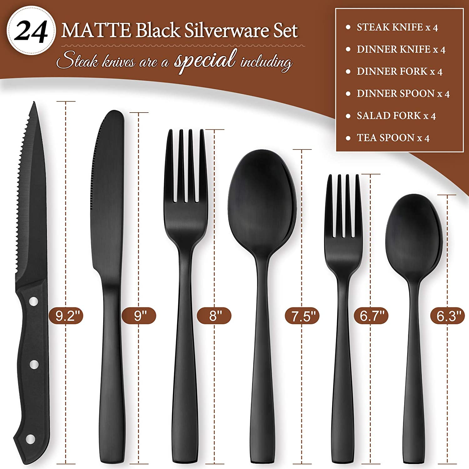 Hiware 24 Pieces Matte Black Silverware Set with Steak Knives for 4, Stainless Steel Flatware Cutlery Set, Hand Wash Recommended - Black image number 6