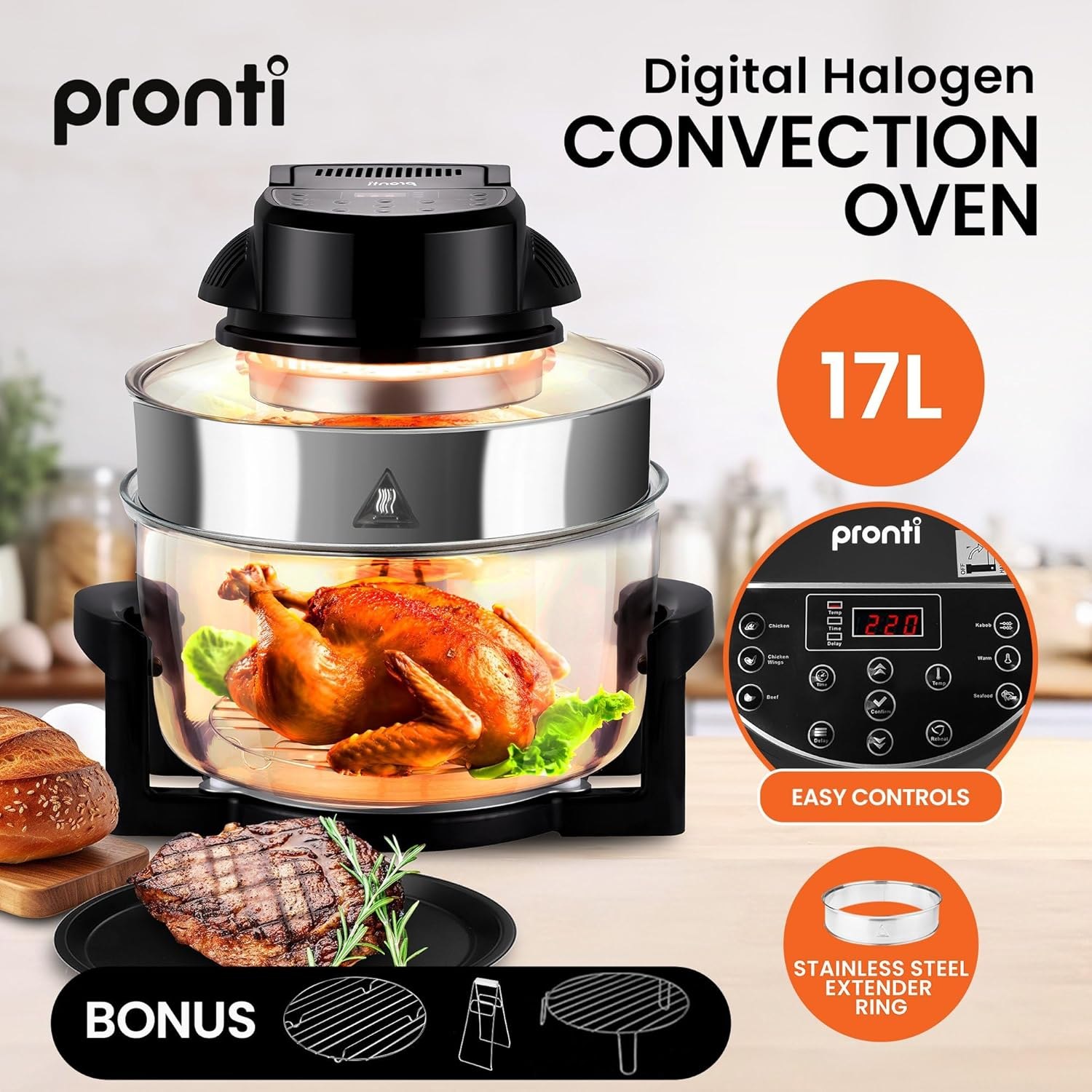 Pronti 17L Convection Oven Air Fryer Digital Turbo Healthy Broiler Cooker 1400W Roast Bake Grill BBQ Fry Defrost - Black image number 2