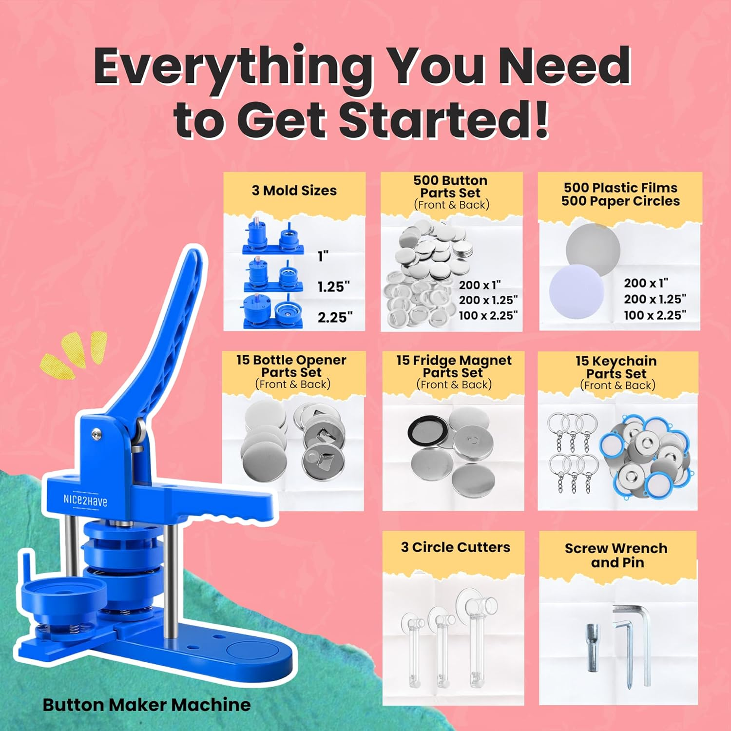 Nice2Have Button Maker Machine Multiple Sizes 25-32-58Mm - (500 Buttons,15 Bottle Openers,15 Fridge Magnets,15 Keychain Buttons, 500+ Free Designs,3 Circle Cutters) - Pin Maker Machine - Blue - Multi Mold image number 2