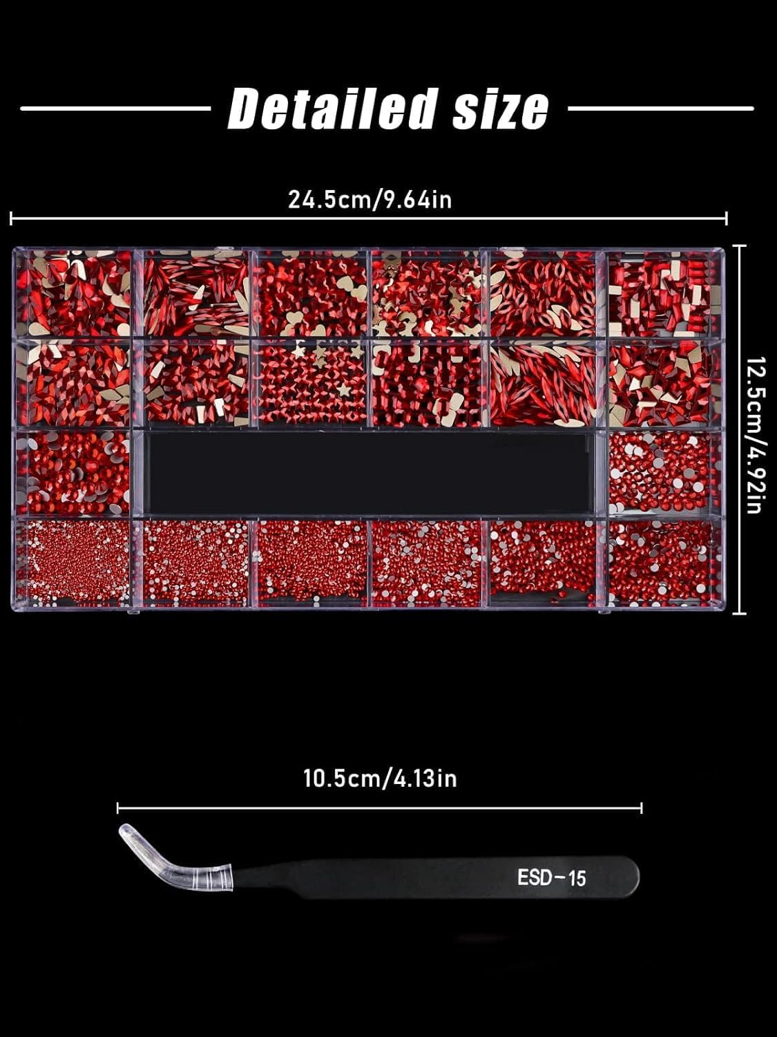 3100Pcs Red Rhinestones for Nails EBANKU Nail Art Rhinestones Kit Red Nail Crystal Rhinestones Mixed Shape with Rhinestone Picker Dotting Pen Tweezers for Christmas DIY Nail Art Craft - Red Rhinestones image number 3