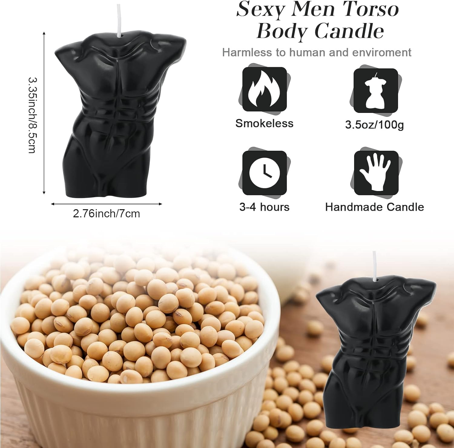 Tondiamo 2 Pieces Body Shaped Candle Female Male Body Men Torso Soy Wax Scented Decorative Candle for Bedroom Bathroom Wedding(Black) - Black image number 6
