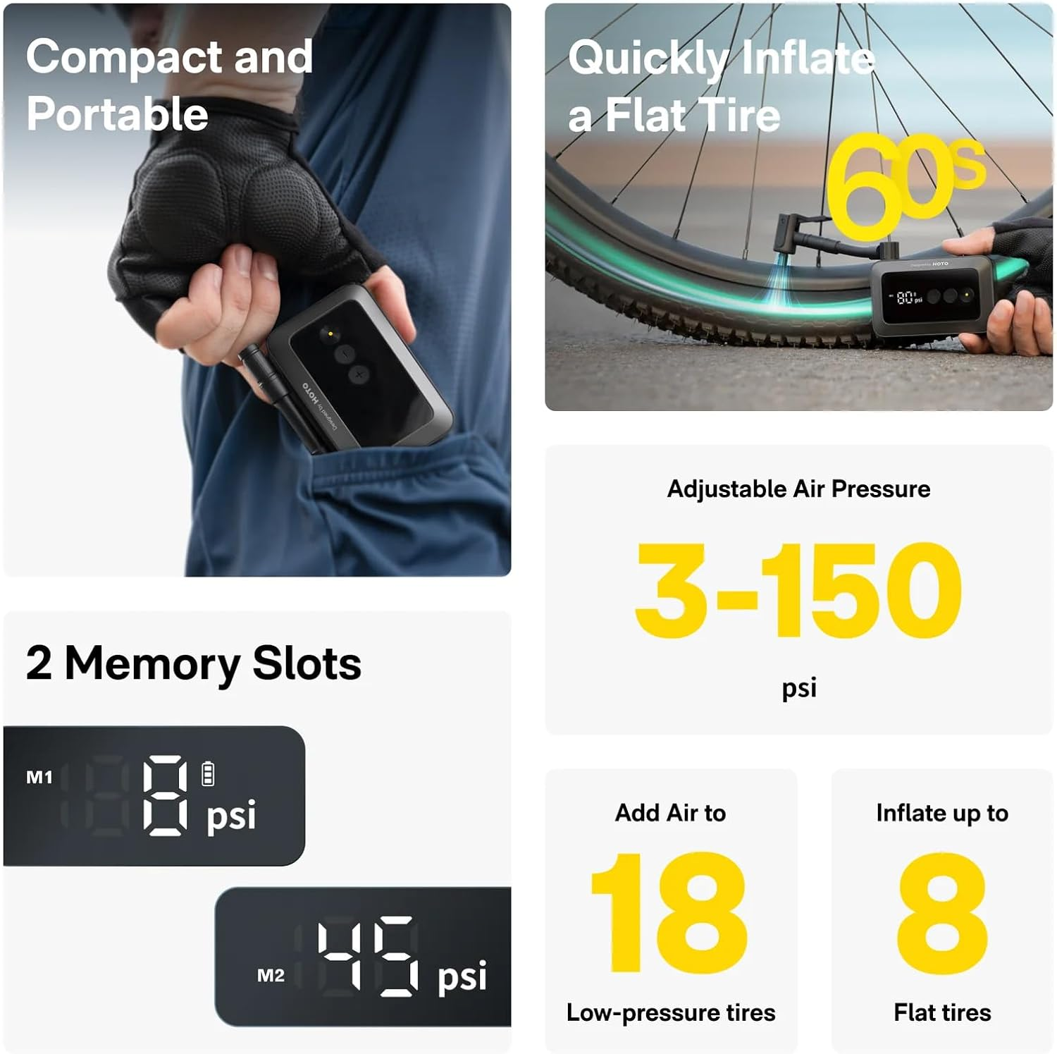 HOTO Air Pump Pocket, 150PSI Wireless Tire Inflator Portable Air Compressor with Digital Display, USB-C Charging, Ideal for Car/Motorcycle/Bike/Ball image number 5