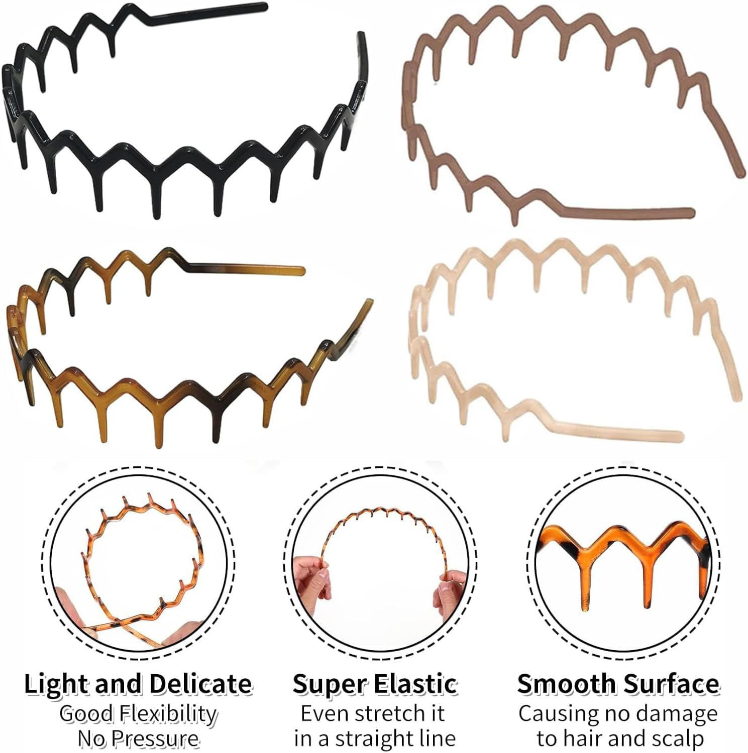 BEANPRECOY Set of 5 Zig Zag Headbands Recycled Plastic Wavy Toothed Hair Band Tooth Comb Hairband Wavy Zigzag Headband for Women and Men Classic 90S Hair Hoop Accessories Multiple Colours image number 6