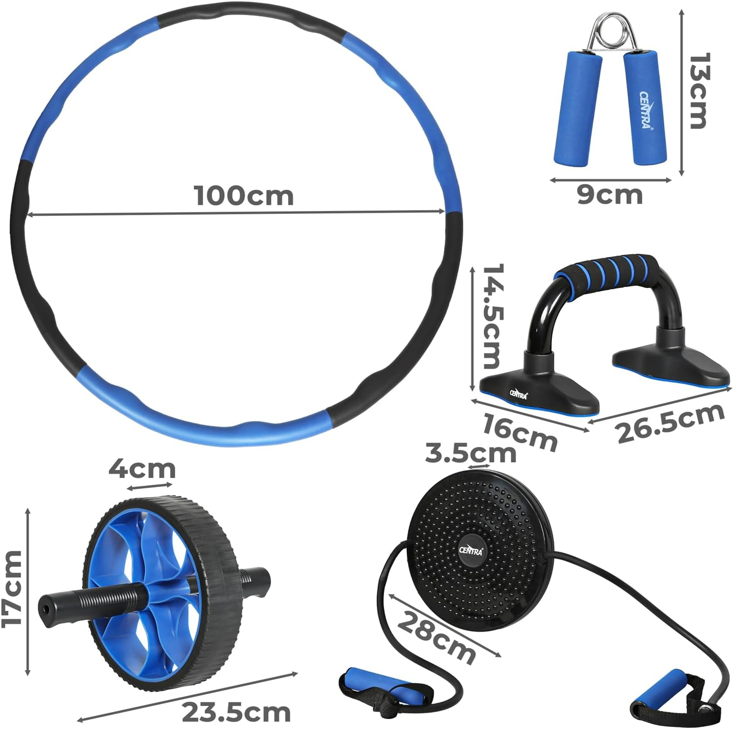 Centra Exercise Roller Wheels Set, Weighted Fitness Hula Hoop,Push up Bars,Ab Roller Wheel,Hand Grip Strengthener, Ab Twist Waist Disc Board, Home Gym Exercise Equipment