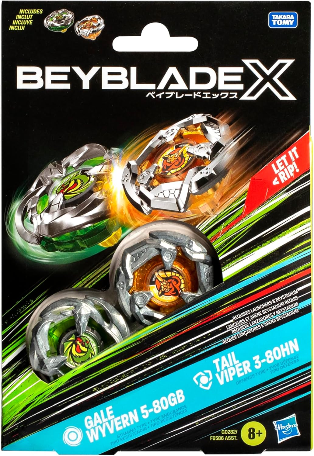 Beyblade X Gale Wyvern 5-80GB and Tail Viper 3-80HN Dual Pack Set with 2 Right-Spinning Tops; Battling Top Toys for 8 Year Old Boys and Girls
