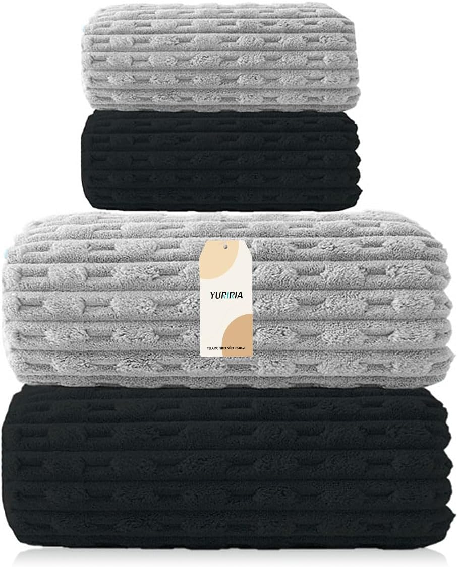 4 PCS Large Coral Towel Set Ultrasoft Bath Towels Absorbent Hand Towel for Bathroom, Hotel, SPA, Sports, Pool (Black+Grey) image number 1
