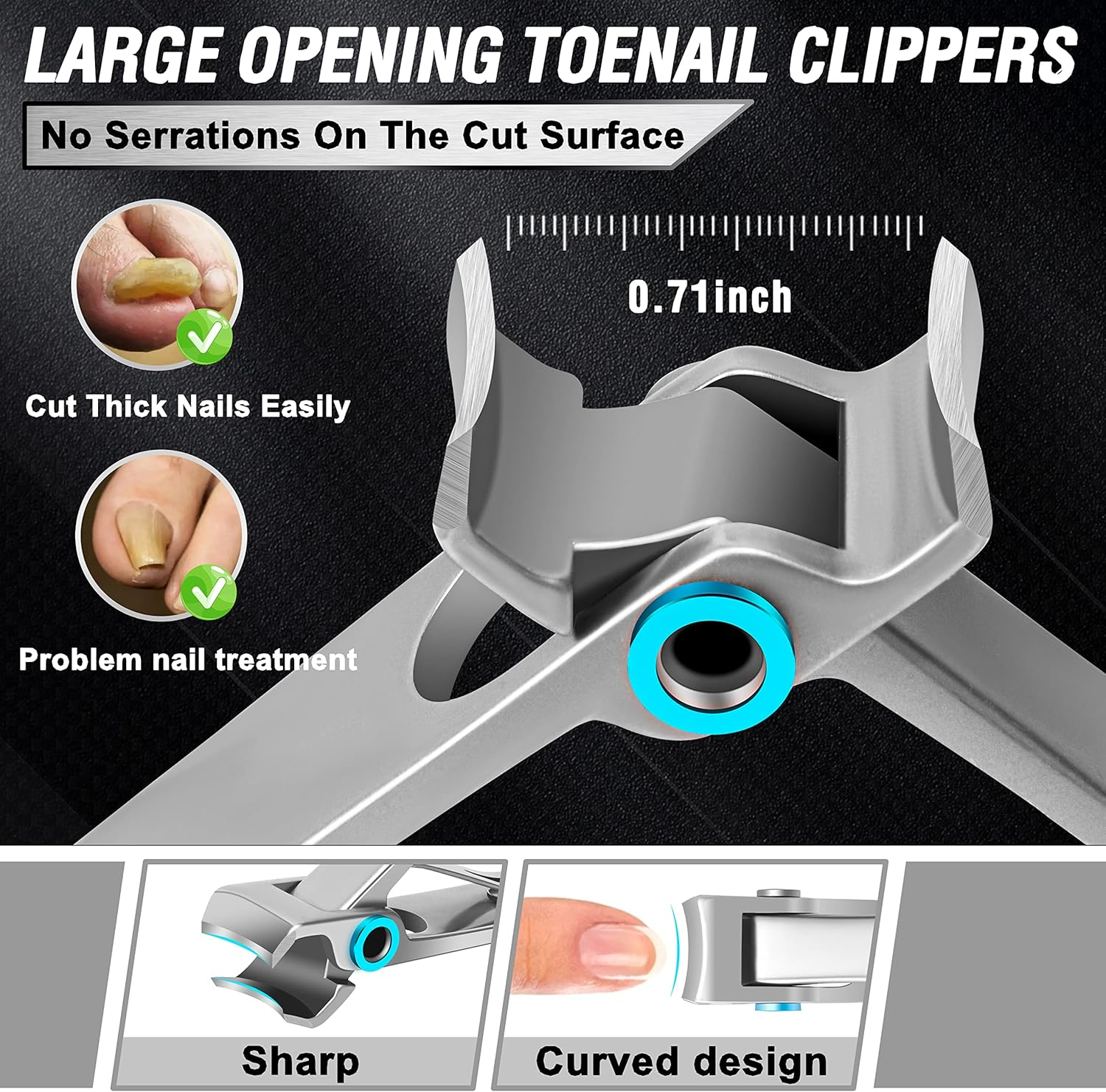 Toenail Clippers for Seniors Thick Toenails, Aucurwen Heavy Duty Toe Nail Clippers Adult Thick Nails Long Handle, Large Toenail Clippers for Thick Nails 7Pcs - Black, Silver image number 6