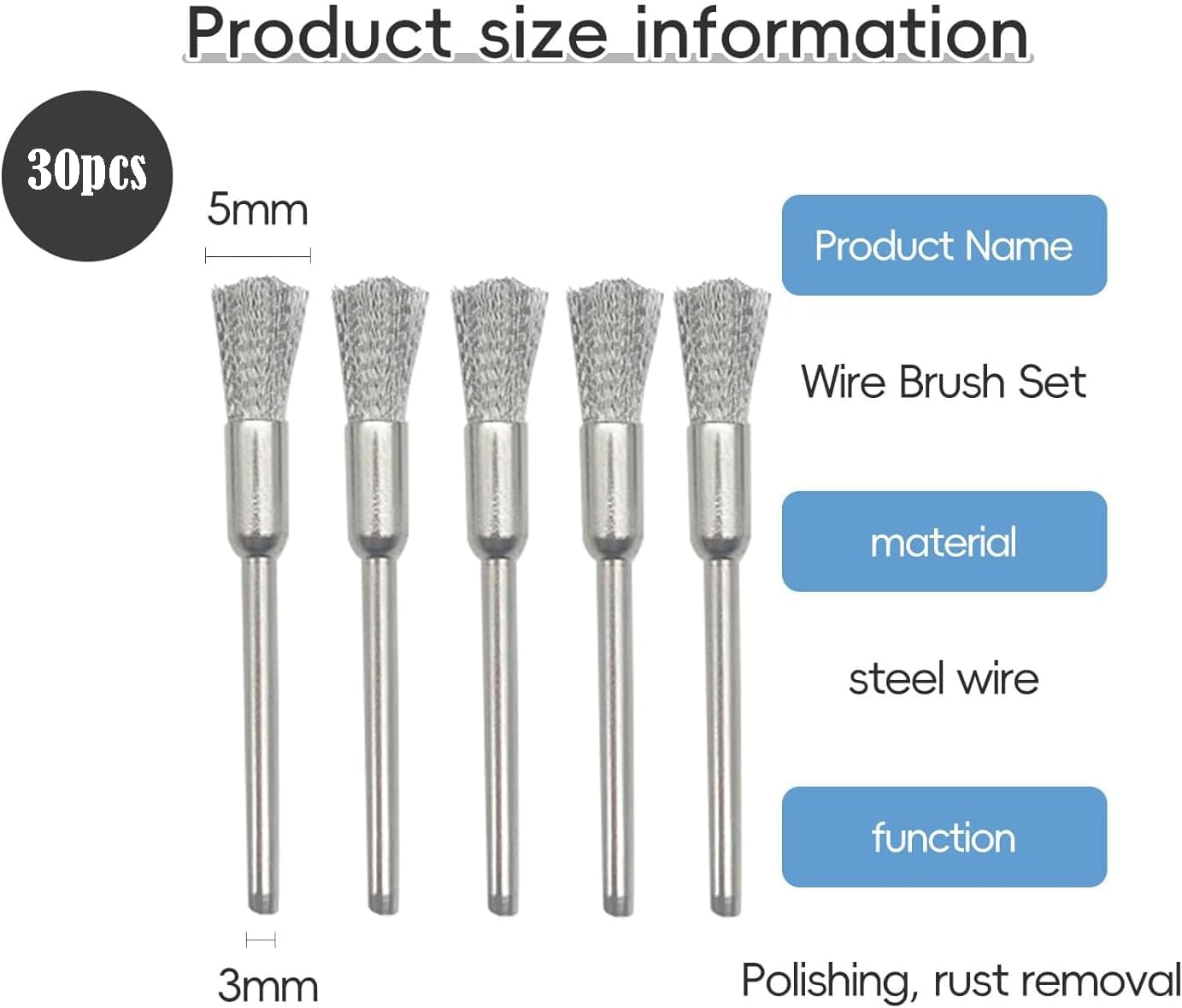 KEWAYO 30Pcs Stainless Steel Wire Brushes 1/5&Prime;(5Mm) X 1/8&Prime;(3Mm) Wire Brush Rust Paint Removal Bits Polishing Rotary Tools image number 6