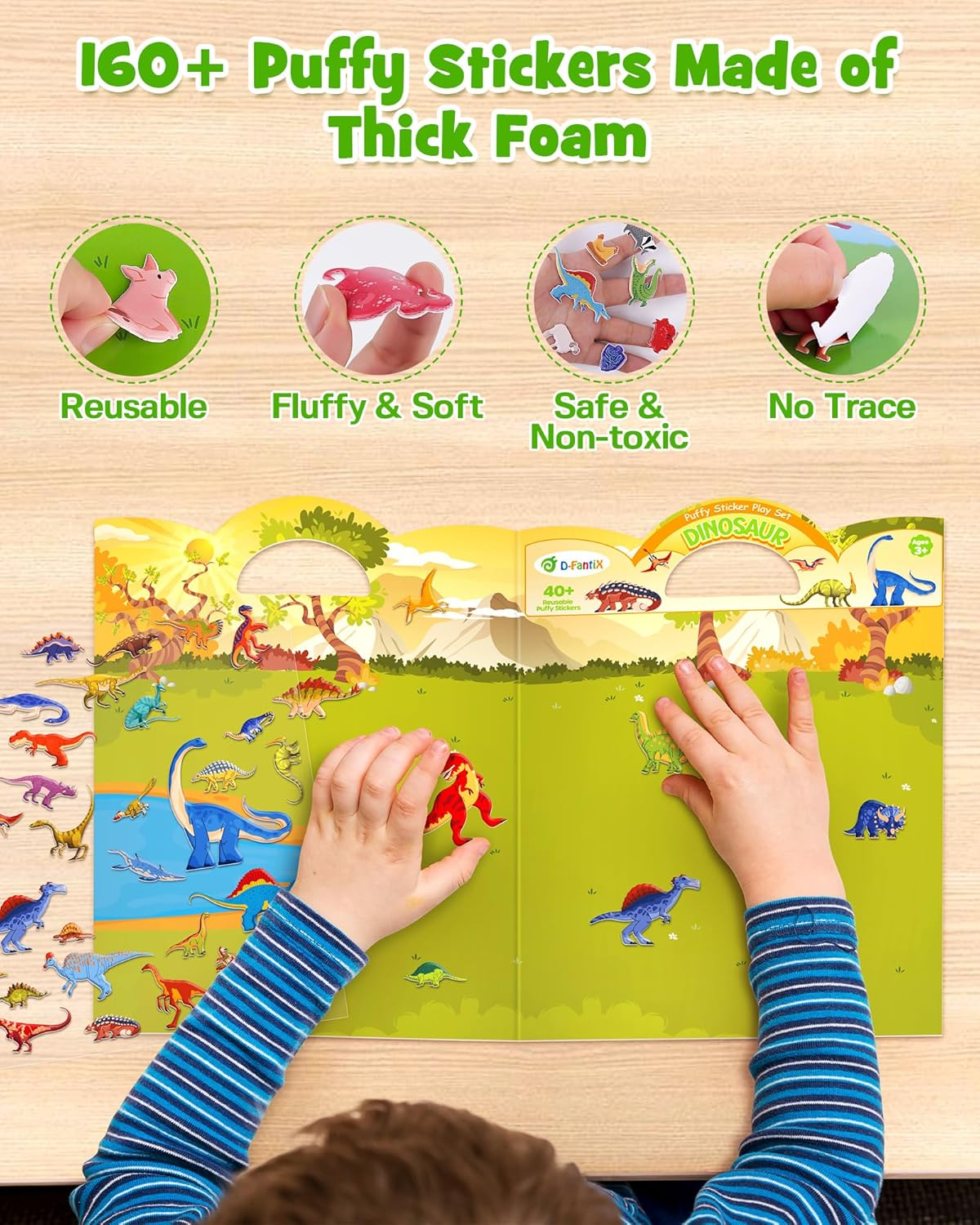 D-Fantix 3D Puffy Stickers for Kids Ages 4-8, Reusable Sticker Books for Toddlers 2-4 Years, Farm Dinosaur Ocean Safari, Car Road Trip Activities, Airplane Travel Toys, Birthday Gifts for Boys Girls image number 1
