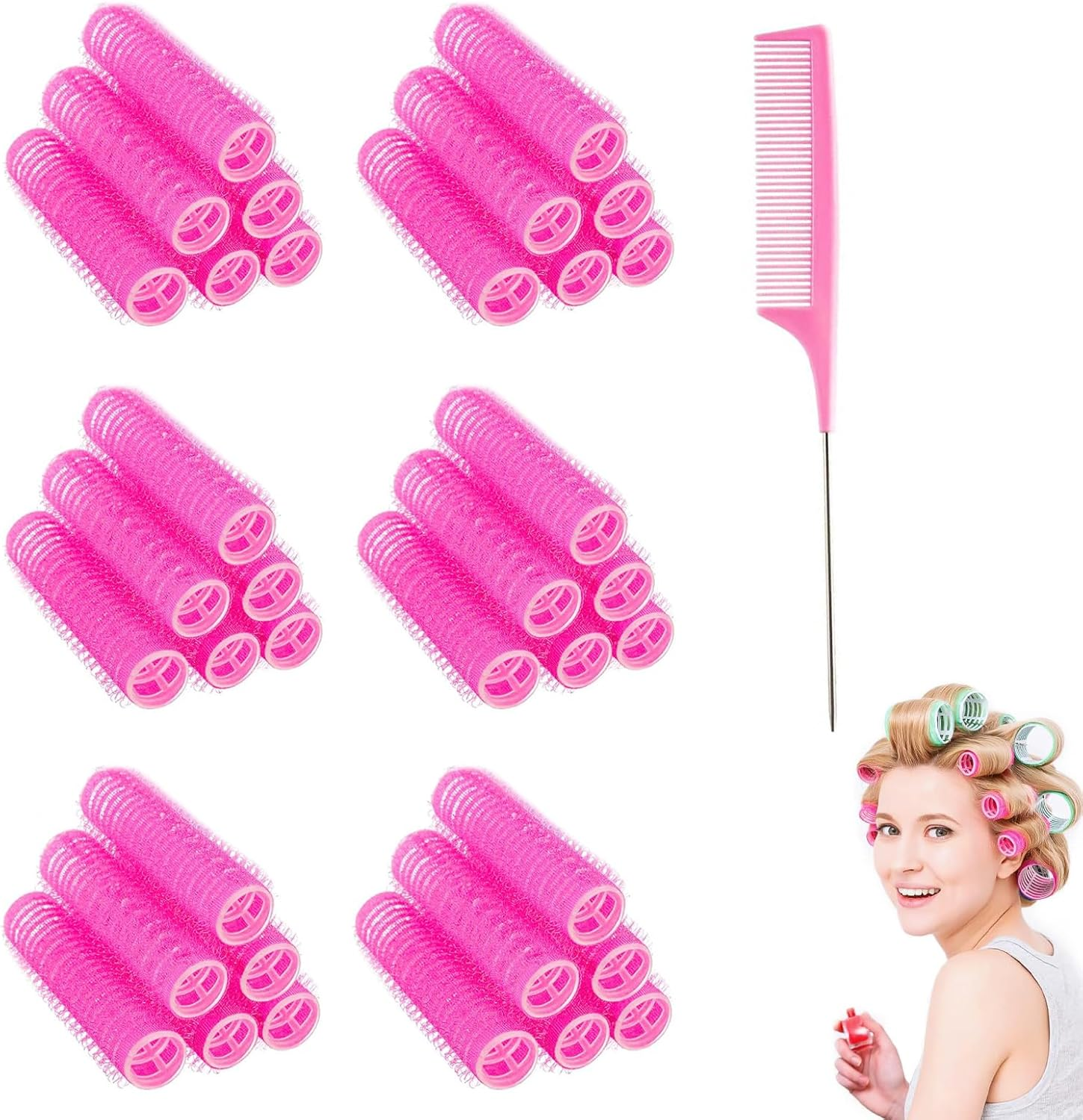 DHWEKU Pack of 37 Self-Adhesive Small Hair Rollers for Salon, Hairdressers, Rat, Tail, Comb, Curlers, Comes with a Tail Comb with Steel Needle Tip, Random Colour image number 3
