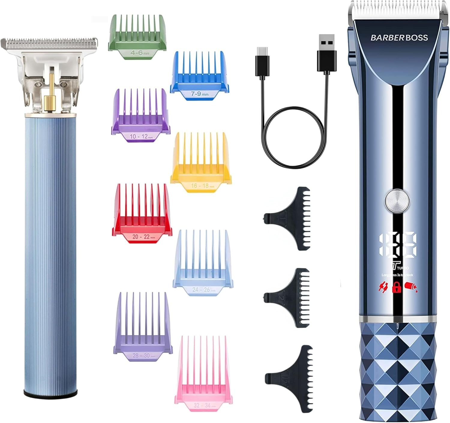 Barberboss Professional Hair Cutting Kit for Men, Wireless Beard and Hair Trimmer with LED Display, Turbo Mode, Titanium Ceramic Blade and 8 Color Combs, Rechargeable USB Grooming Kit image number 2