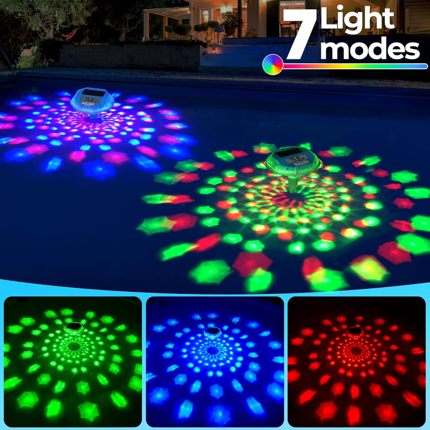 2025 Upgrade Digital Pool Thermometer Floating Easy Read, Solar Pool Thermometer with Dynamic Light Show, Large LCD Screen & IP68 Waterproof Pools Water Temperature Thermometers for Hot Tub image number 4