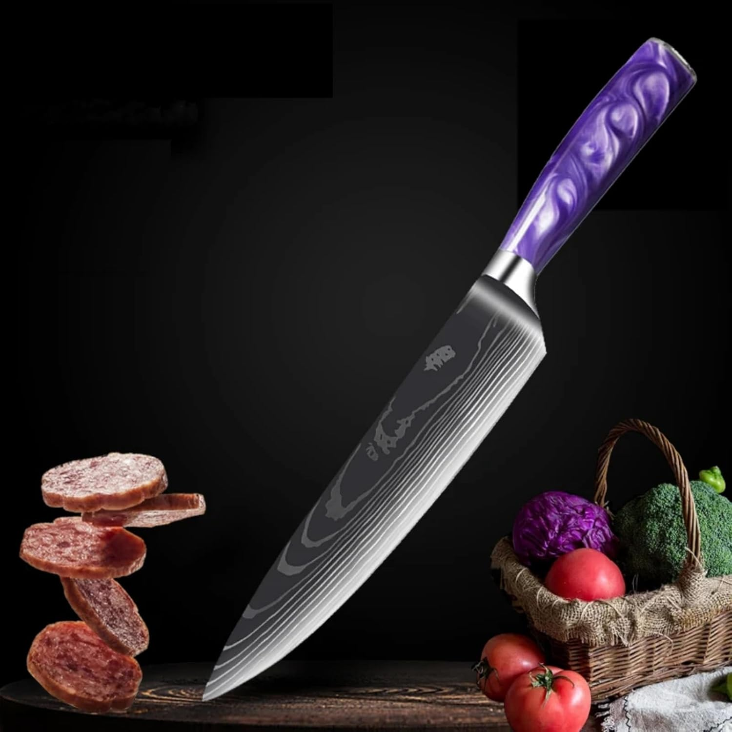 WILLKOMMEN Professional Chef&rsquo;S Knife 8 Inch, High Carbon Stainless Steel Kitchen Knife, Ultra Sharp Cooking Knife Blade Thickness 2.5 Mm, Laser-Engraved Pattern, Resin Handle (Grape Purple) image number 4