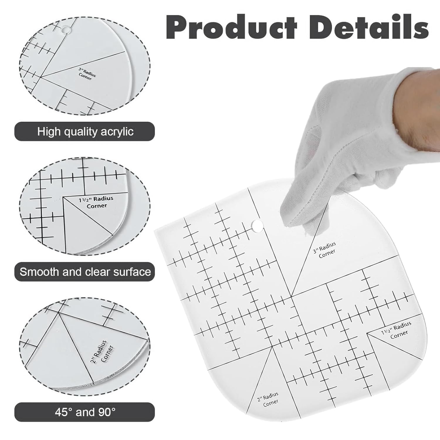 Zalizr Acrylic Curved Corner Cutter Ruler, Transparent Quilting and Sewing Template, Multi-Size Patchwork Ruler for Fabric, Paper, DIY Crafts, and Scrapbooking