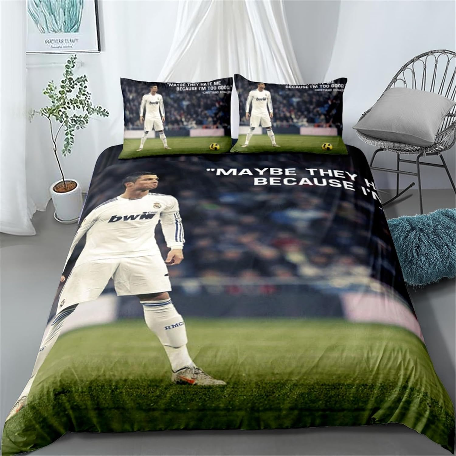 Cristiano Ronaldo Lightweight Duvet Cover Set 3Pcs Soft Breathable Quilt Cover Double Size Soccer Star CR7 Bedding Set for Teen