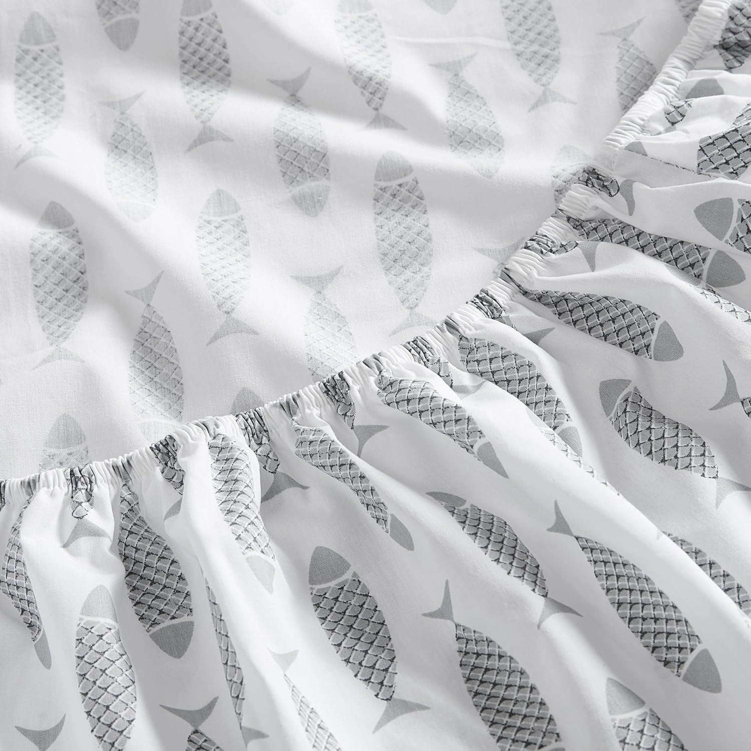 Nautica- Queen Sheet Set, Cotton Percale Bedding Set, Crisp & Cool, Lightweight & Breathable (Woodblock Fish Grey, Queen) image number 6