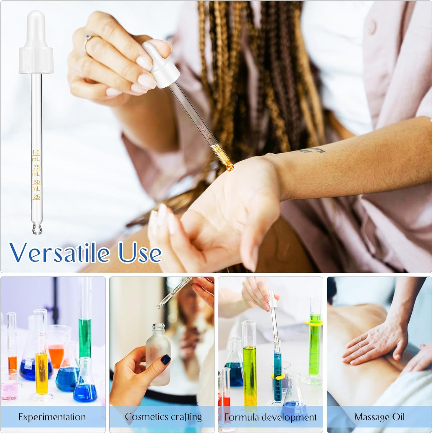 Healifty 6Pcs 100Ml Calibrated Glass Droppers with White Rubber Bulbs, Measured Liquid Pipettes for Essential Oils, Eye Drops, and Laboratory Use, Transfer Pipettes for Precise Measurement image number 5