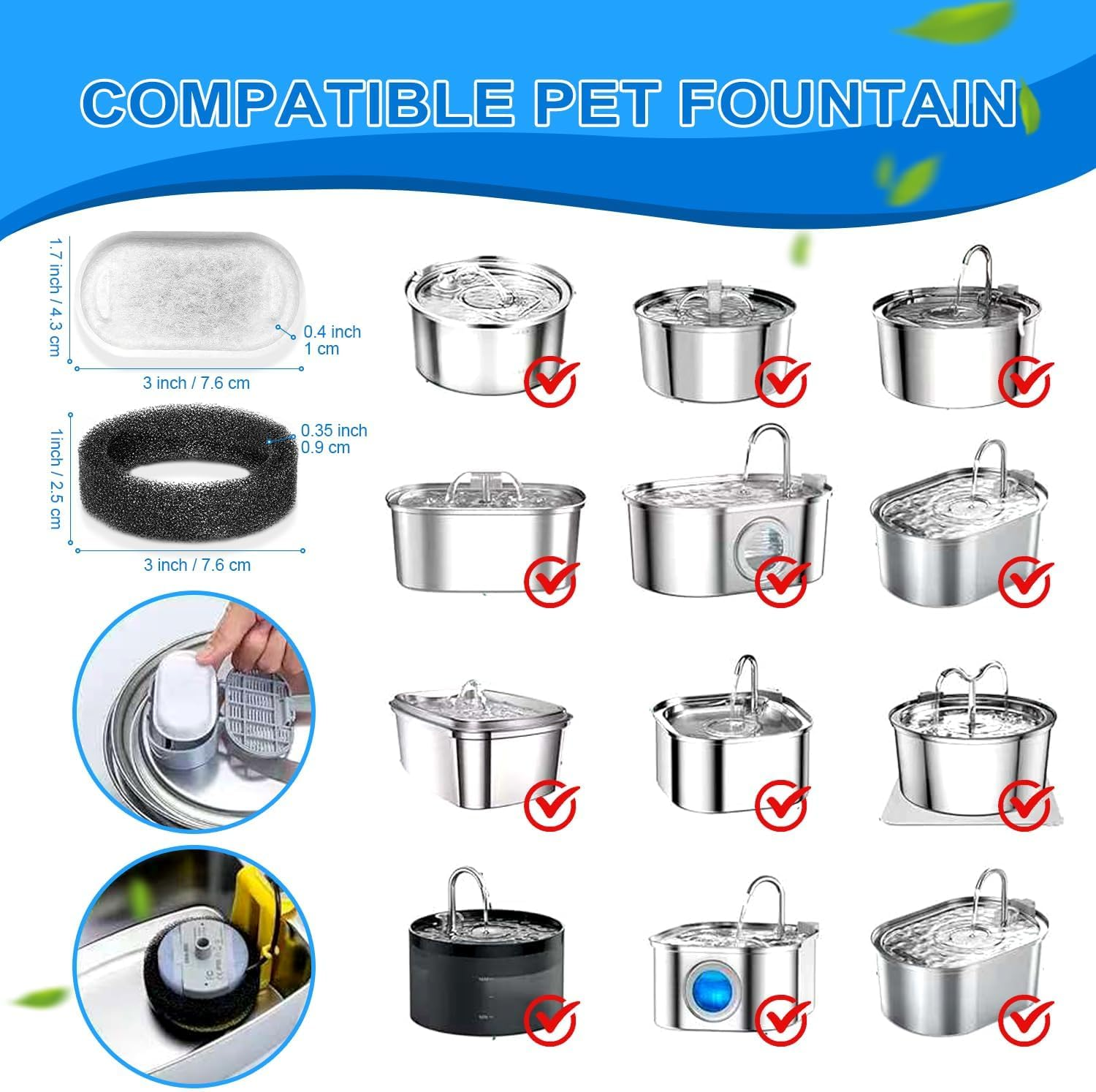 Cat Water Fountain Filters, 20 Pack Cat Fountain Replacement Filters for 67Oz/2L and 108/3.2L Adjustable Flow Pet Drinking Fountain, 10+10 Pack image number 5