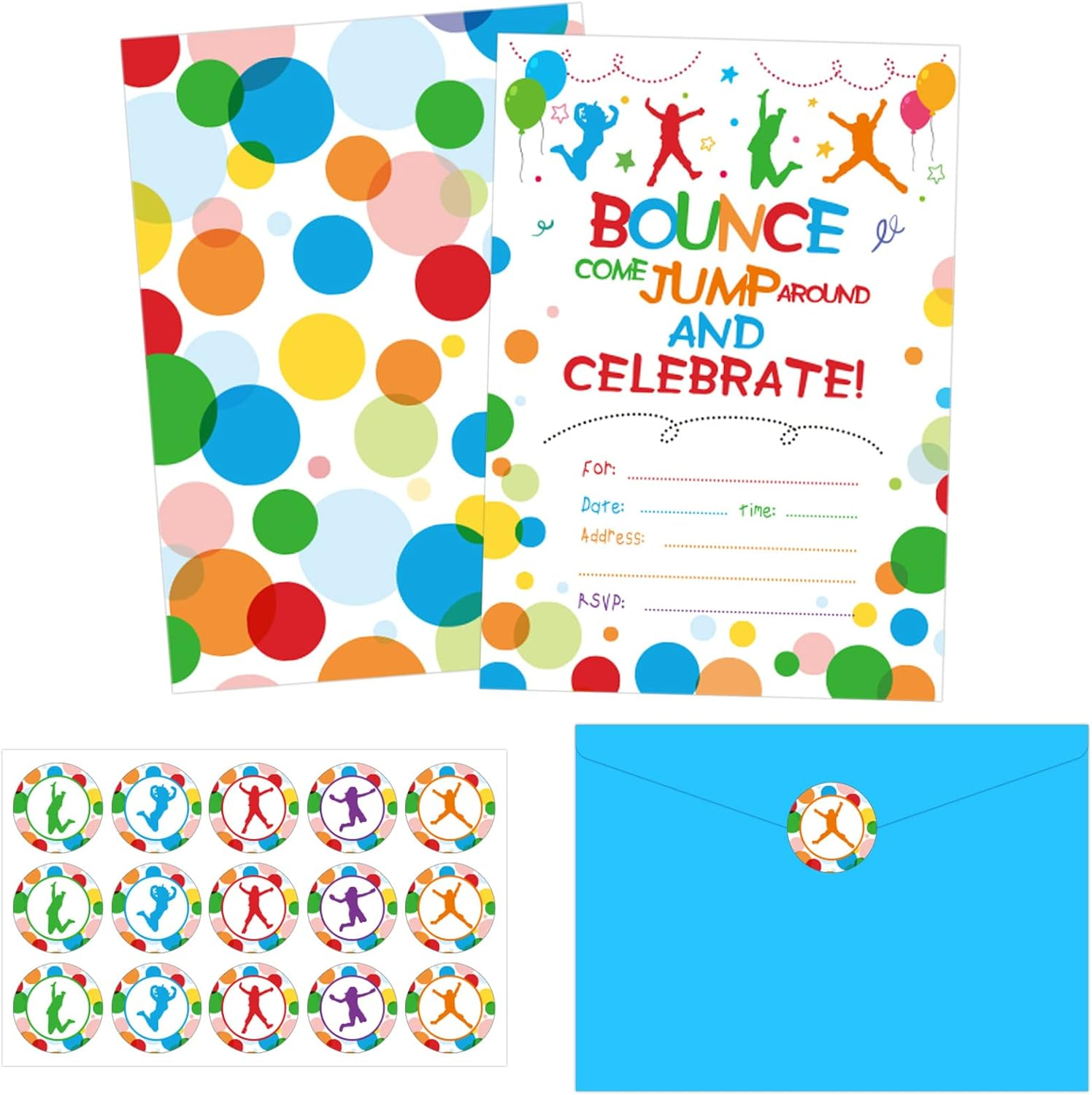 30 Pack Bounce House or Jumping Birthday Party Invitation Jump Bounce House Party Invitation Cards, 30 Trampoline Sticker Labels with 30 Envelopes Bounce House Party Decorations Supplies for Boys image number 4