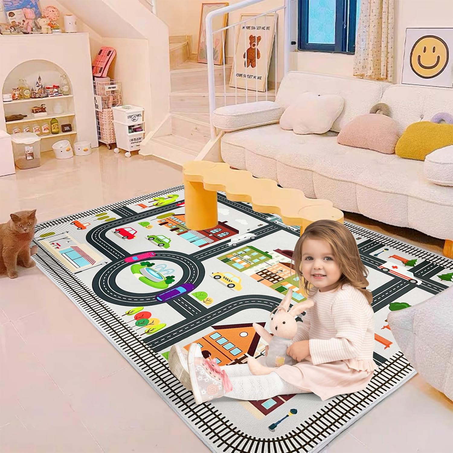 Kids Rugs Non-Slip Playmat Carpet, Educational & Play Area Rug, Alphabet, Numbers, Shapes, City Car Road Traffic System Learning Activity Centerpiece Play Mat for Playroom (Multicolor 5, 80 * 120Cm) image number 3