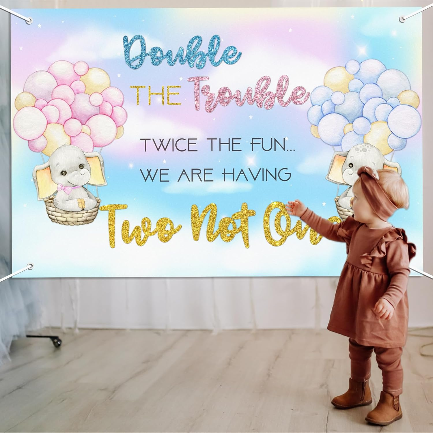 Talorine Twins Baby Shower Decorations Backdrop 6X4Ft Elephant Pink Blue Gender Reveal Party Decorations for Twins Double the Trouble Twice the Fun We Are Having Two Not One Party Supplies image number 6