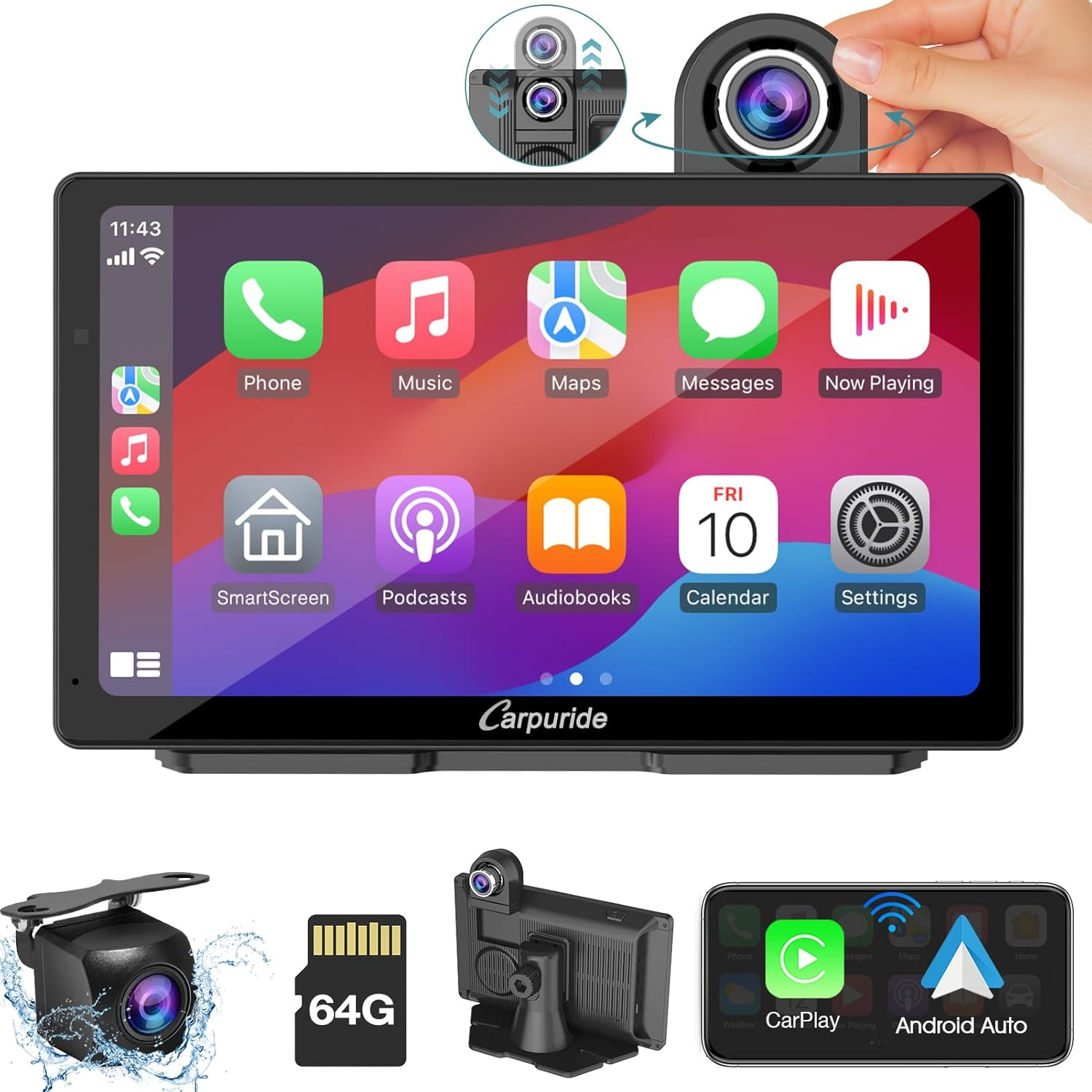 Carpuride W703 Portable Wireless Carplay & Android Auto with Dash Cam-7" HD IPS Screen, 4K Front Cam & 1080P Backup Cam, Loop Recording,Bluetooth,Mirror Link,Gps,Siri,Play Music,Dashboard Mounted image number 5