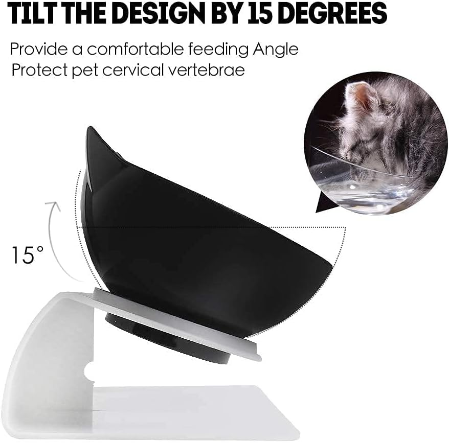 Cat Bowls Double Elevated with Raised Stand, 15&deg;Tilted Cat Bowl Design Neck Guard Stand Raised Pet Food Water Feeder Bowl for Indoor Cats and Small Dogs Kitten Dishes Rabbits (Black) image number 4