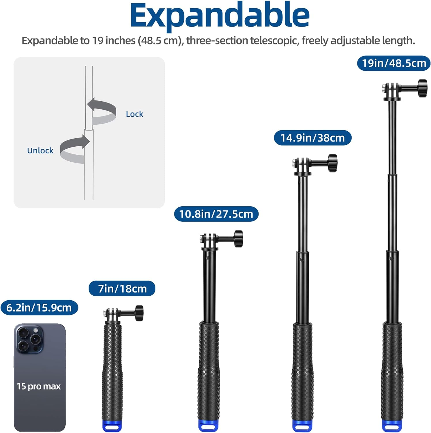 19&rdquo; Waterproof Selfie Stick for Gopro, Portable Extension Monopod Pole for Gopro Hero 13/12/11/10/9/8/7/Max, DJI Osmo Action 5 Pro/4, Insta360 Ace Pro, Akaso Action Camera image number 2