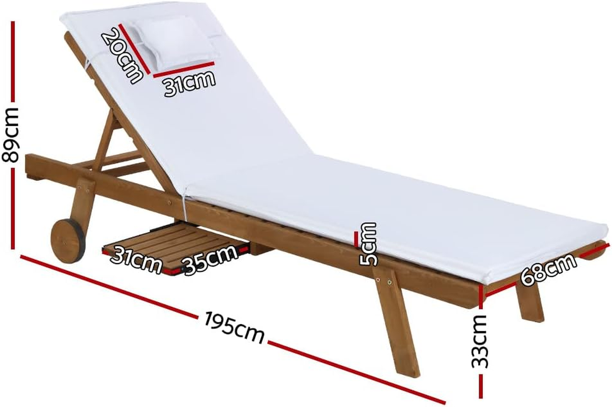 Gardeon Sun Lounge Camping Chair Wooden Wood Lounger, Chaise Beach Chairs Outdoor Furniture Garden Patio Setting Pool Backyard, with Wheels Cushion Pillow Adjustable Backrest White