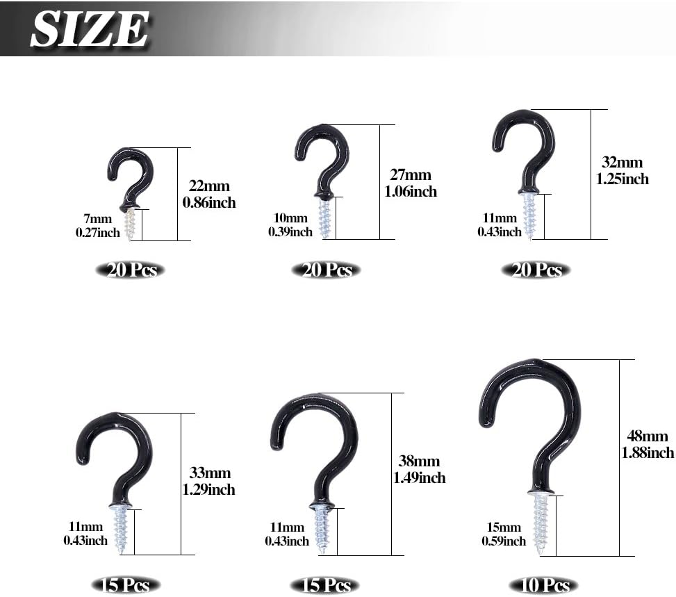 Swpeet 100Pcs Black 6 Sizes Cup Hook Kit, Vinyl Coated Ceiling Screw Mug Holder for Home, Office and Workplace - 1/2", 5/8", 3/4", 7/8", 1", 1-1/4" (Black) - Black image number 6