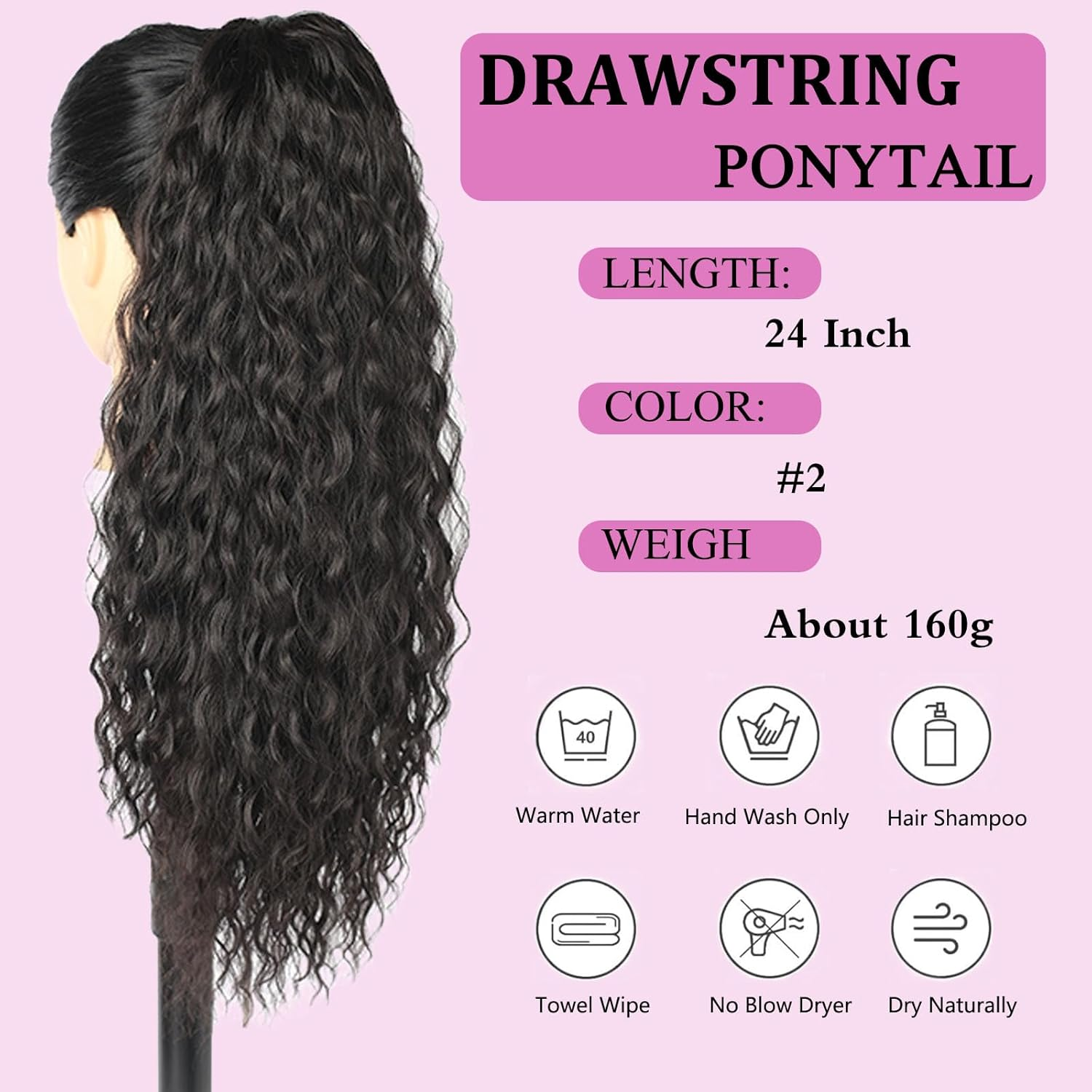 Samtress Ponytail Extension, 24 Inches, Long Curly Wavy Drawstring Ponytail Hair Extensions, Hairpiece Clip in for Daily Use Party for Women (#Black) image number 1