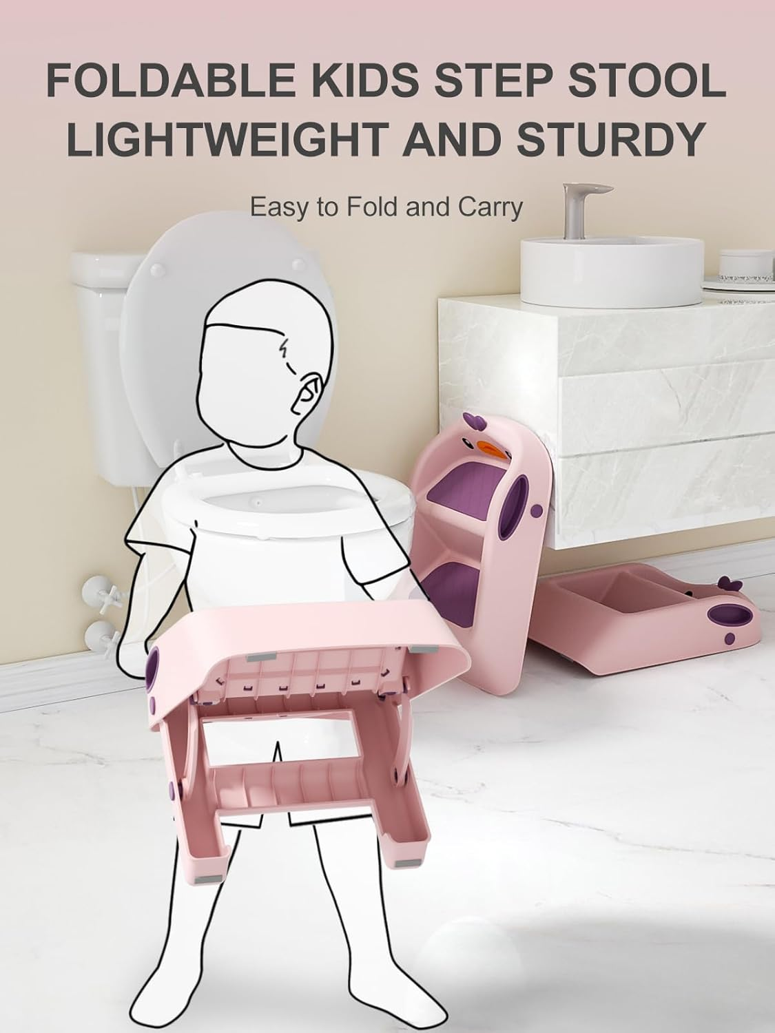 Toddler Step Stool for Bathroom Sink Foldable, Pink, Two Step Stool for Kids Potty Toilet, Cute & Lightweight & Folding Gift to Give Steping Stool for Todders 1-3, 11" 2 Steps & 4" Child Back Support image number 4