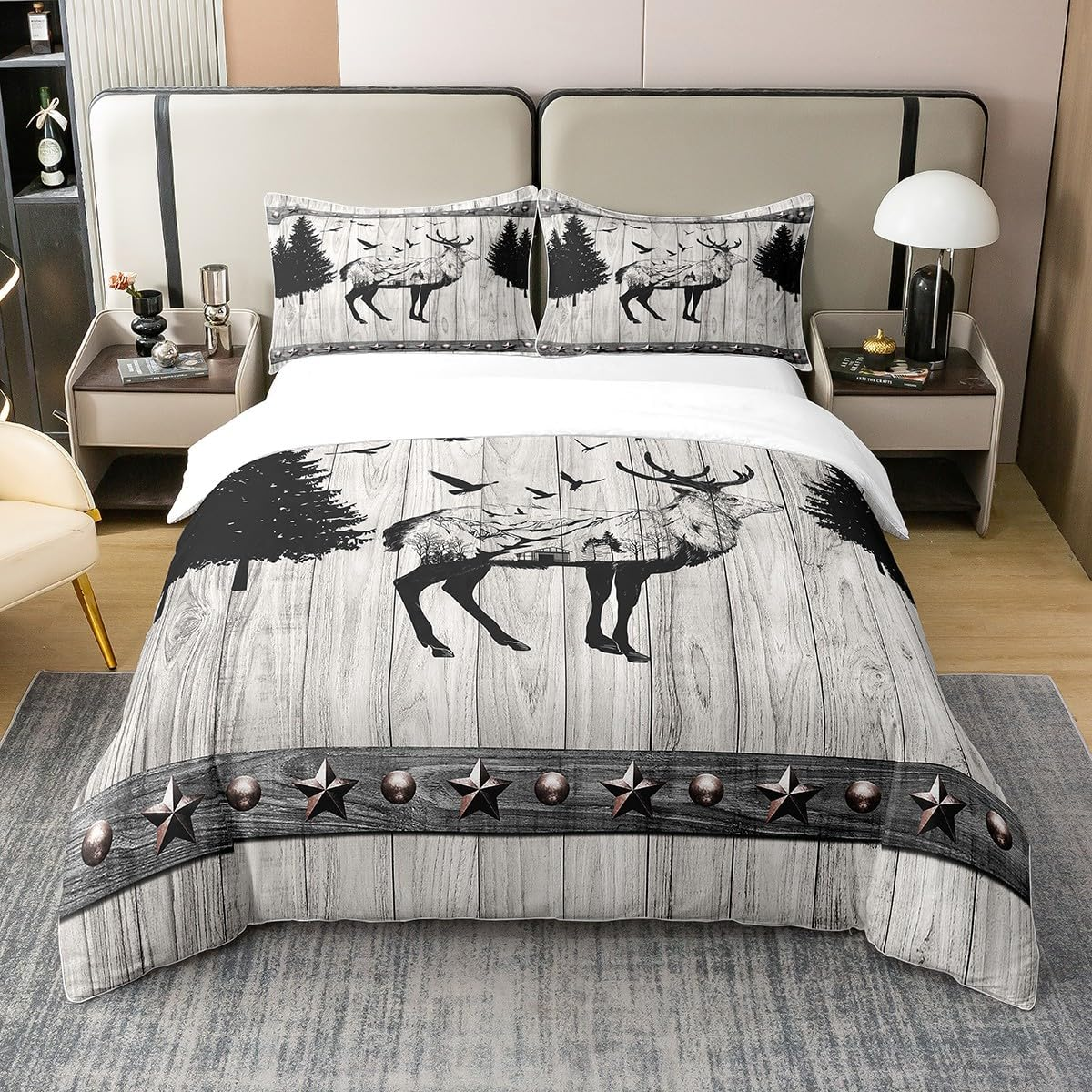 100% Natural Cotton Hunting Deer Elk Duvet Cover, Rustic Farmhouse Style Comforter Cover 220 X 240, Camping Forest Adventure Bed Linen, Country Old Barn Door Quilt Cover Cabin Decor, Black Grey