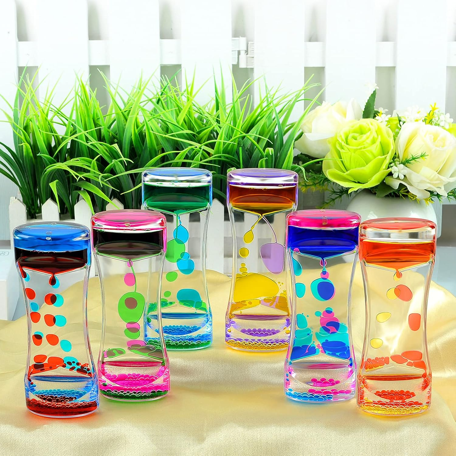 FKYTION Liquid Motion Bubbler Timer Pack of 5 Colorful Hourglass Liquid Bubbler ADHD Fidget Toy Sensory Toy Anxiety Toys Autism Toys Children Activity Calm Relaxing for Kids Teenager Adults image number 1